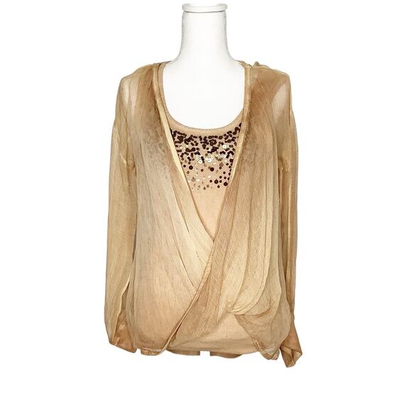 Soft Surroundings Tan Brown Two Piece Crinkle Twist Top Tank Top Sequins Medium - Picture 1 of 9